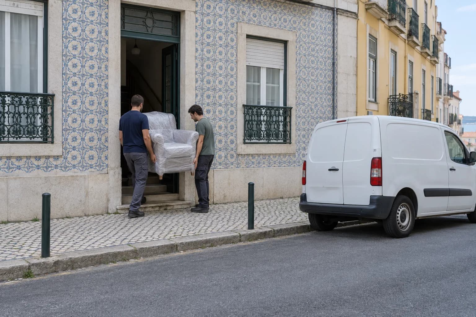 Dois homens levam uma poltrona embrulhada em plástico pela porta de um prédio com azulejos, numa rua com calçada, junto a uma carrinha branca.